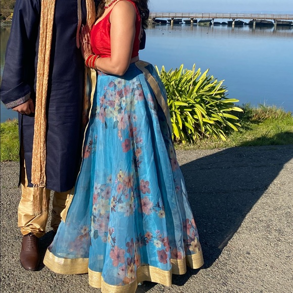 Dusty Blue Floral Organza Lehenga w/o Blouse - Picture 2 of 5